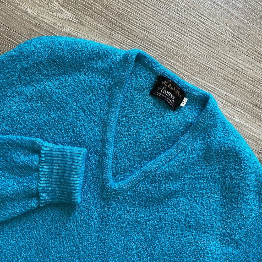 Vintage 60s Campus Mohair-Wool Cardigan Sweater Men's L Blue Cobain Grunge READ